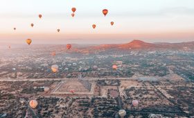 Aerial view at Maya Pyramid of the Sun and Moon at Teotihuacan, Mexico