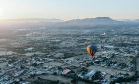 Hot air balloons over the Teotihuacan city in Mexico